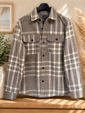 H&M Men's Plaid Shacket Jacket - Taupe & Cream